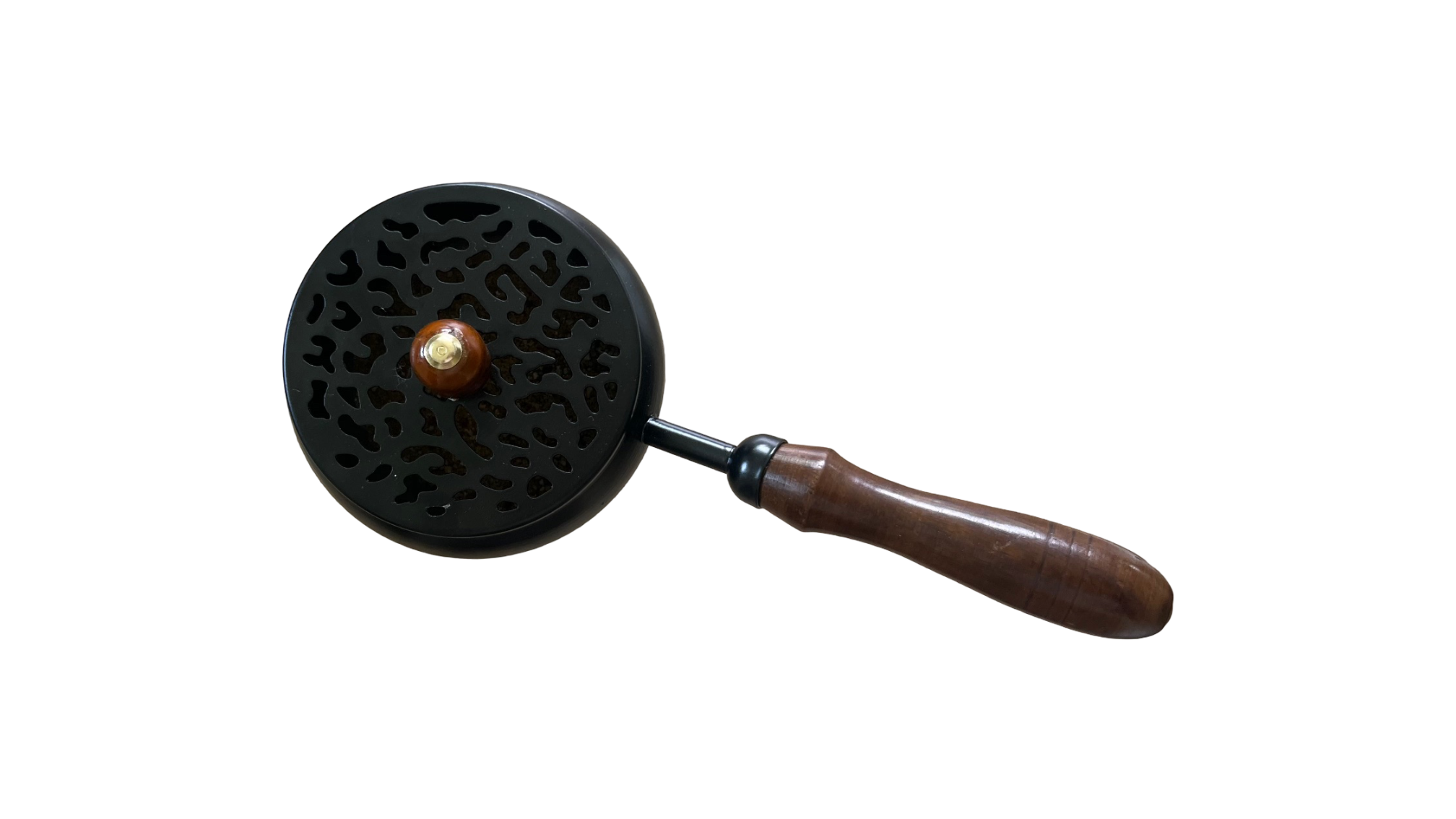 Black iron incense burner with wooden handle