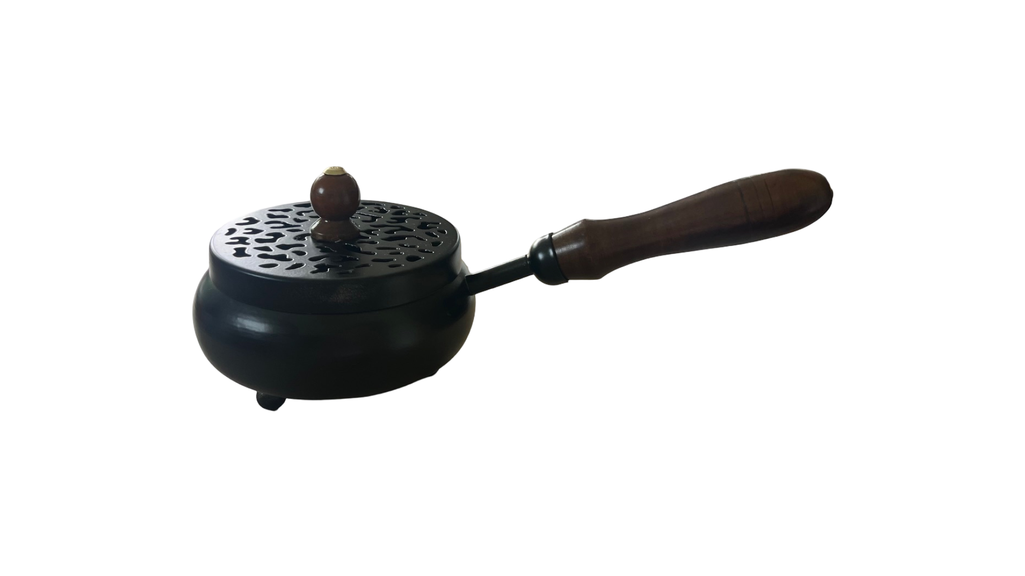 Black iron incense burner with wooden handle