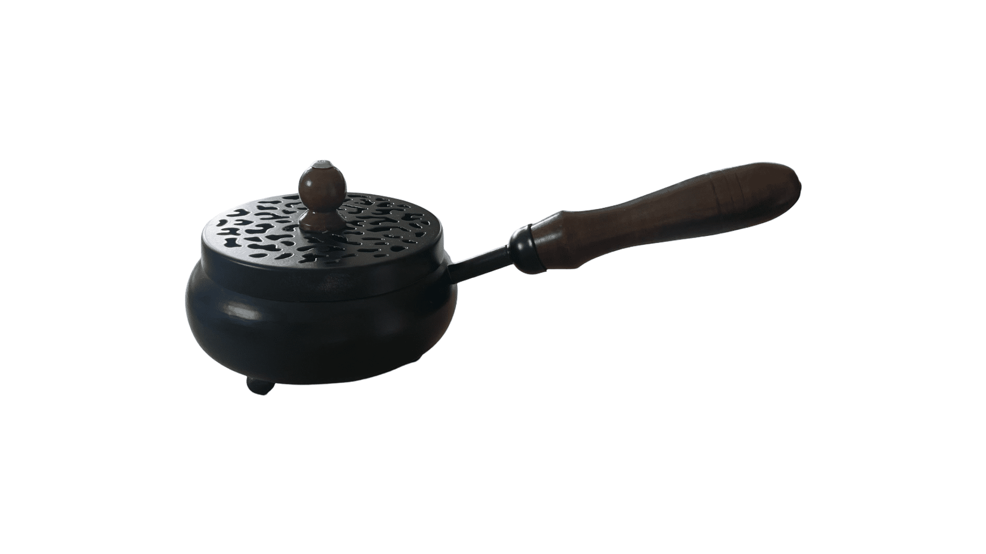Black iron incense burner with wooden handle