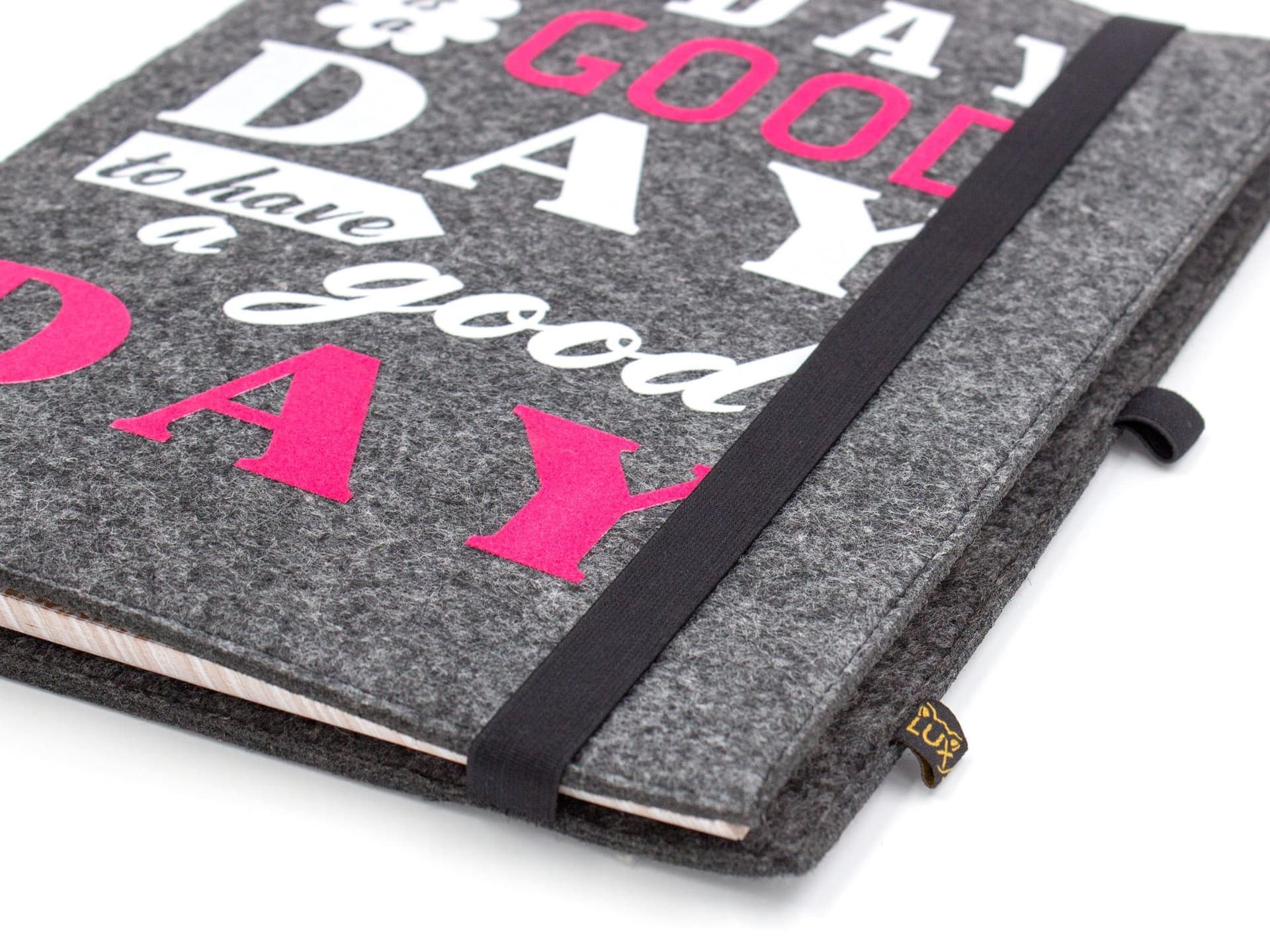 Felt notebook dark grey A4 with flock print "Good day".
