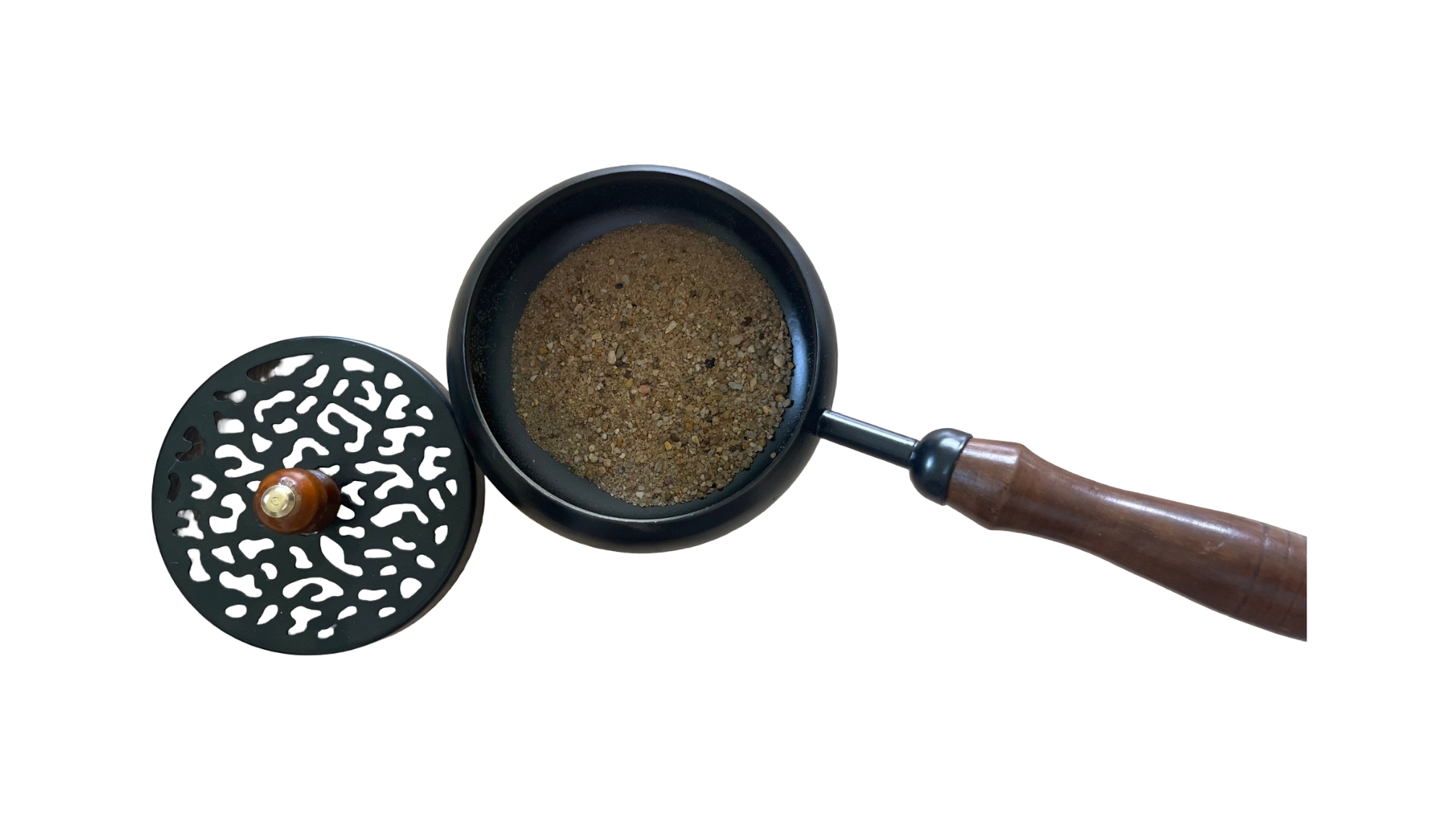 Black iron incense burner with wooden handle