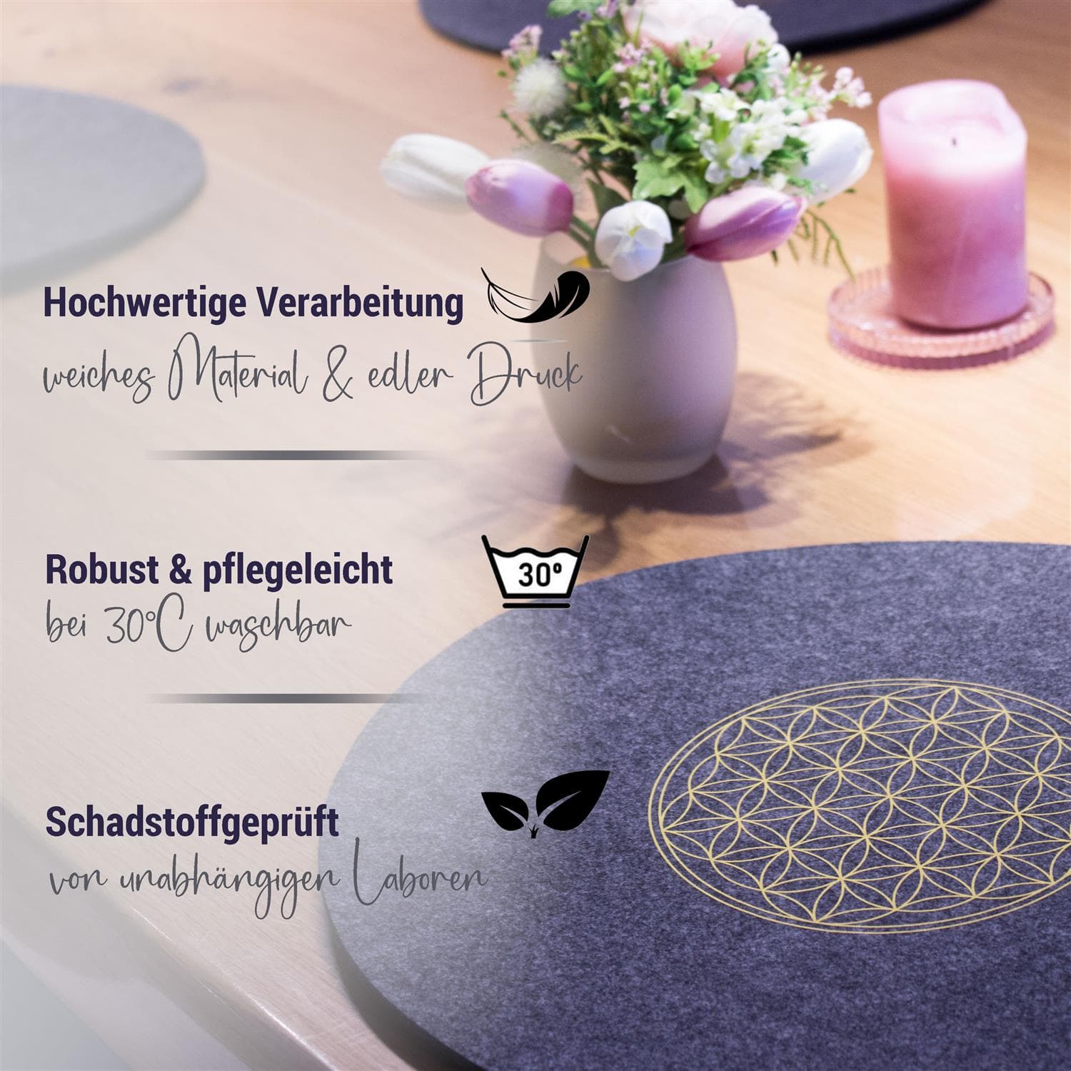 Set of 2 Flower of Life placemats - anthracite round
