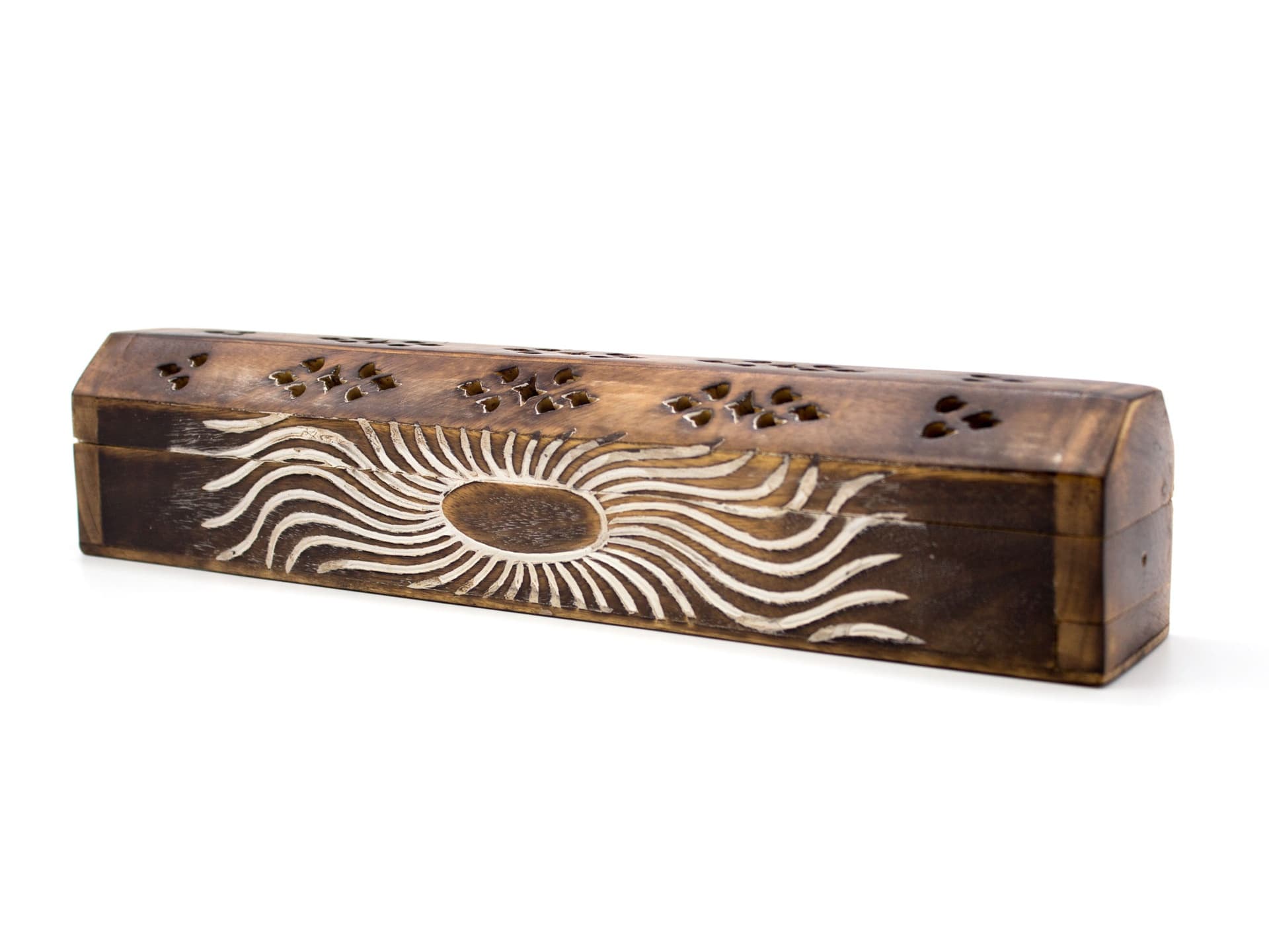 Sheesham wood incense box with carving, brown