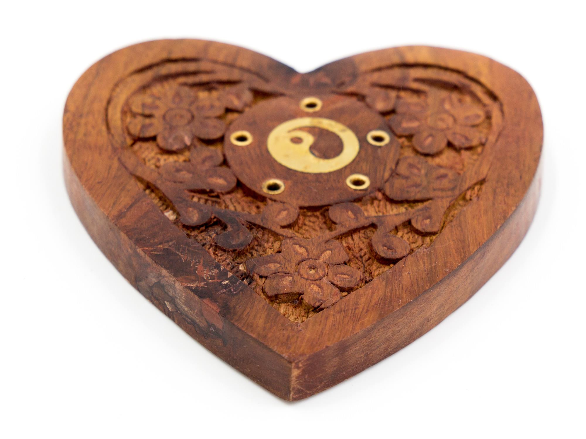 Räucherkegelhalter Herz aus Sheesham-Holz mit Messing Ying&Yang (LX1545)