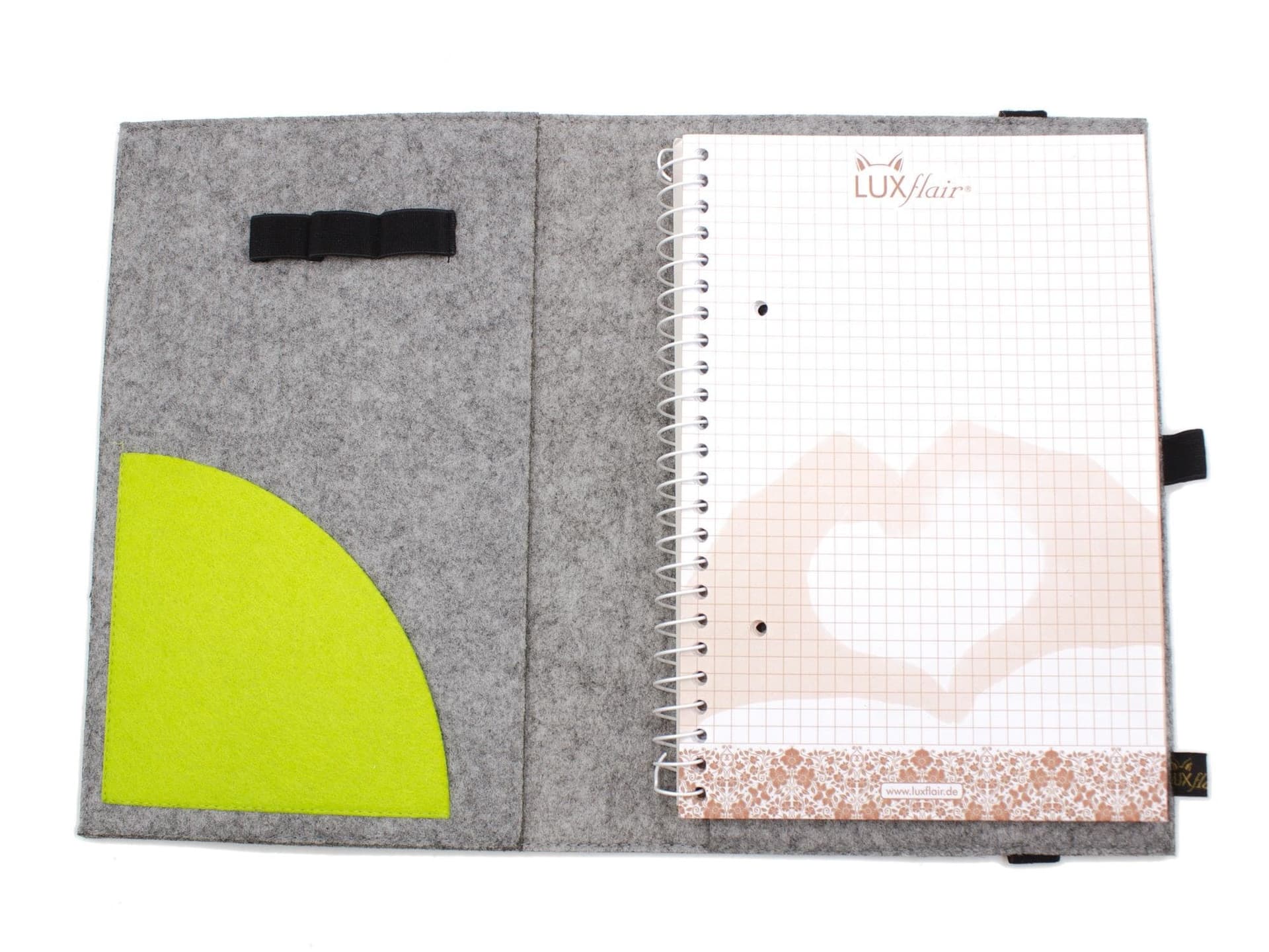 Felt notebook in heather gray, flock overprint When nothing goes right go left