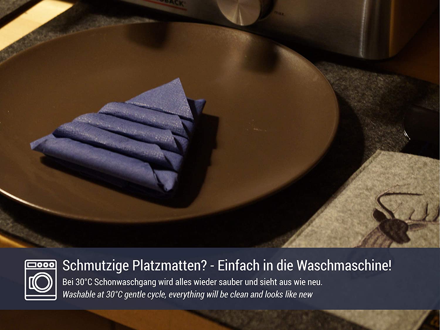 Platzmatten mit Bestecktasche und Hirsch Einstickung, 4er Set, graumeliert