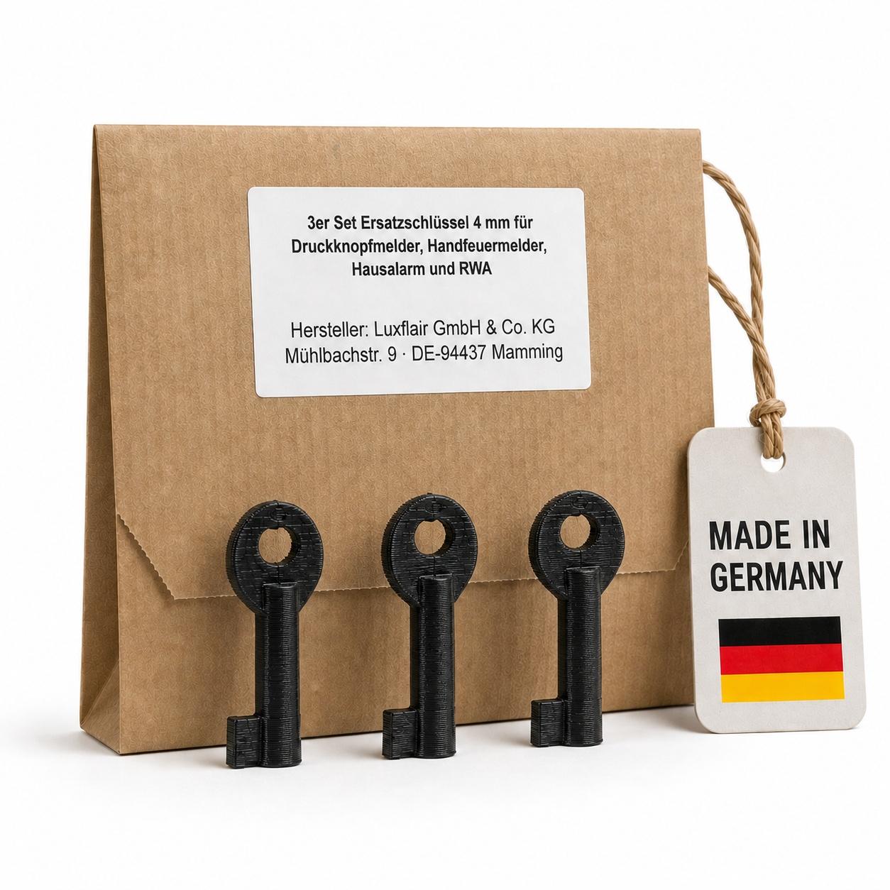 3-piece set replacement keys 4 mm for push button detectors, manual fire alarms, home alarms, and smoke extraction systems