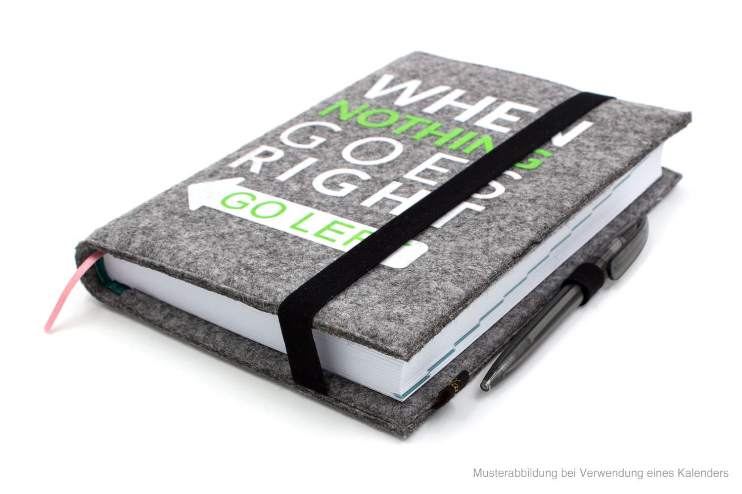 Felt notebook in heather gray, flock overprint When nothing goes right go left Felt notebook in heather gray, flock overprint When nothing goes right go left