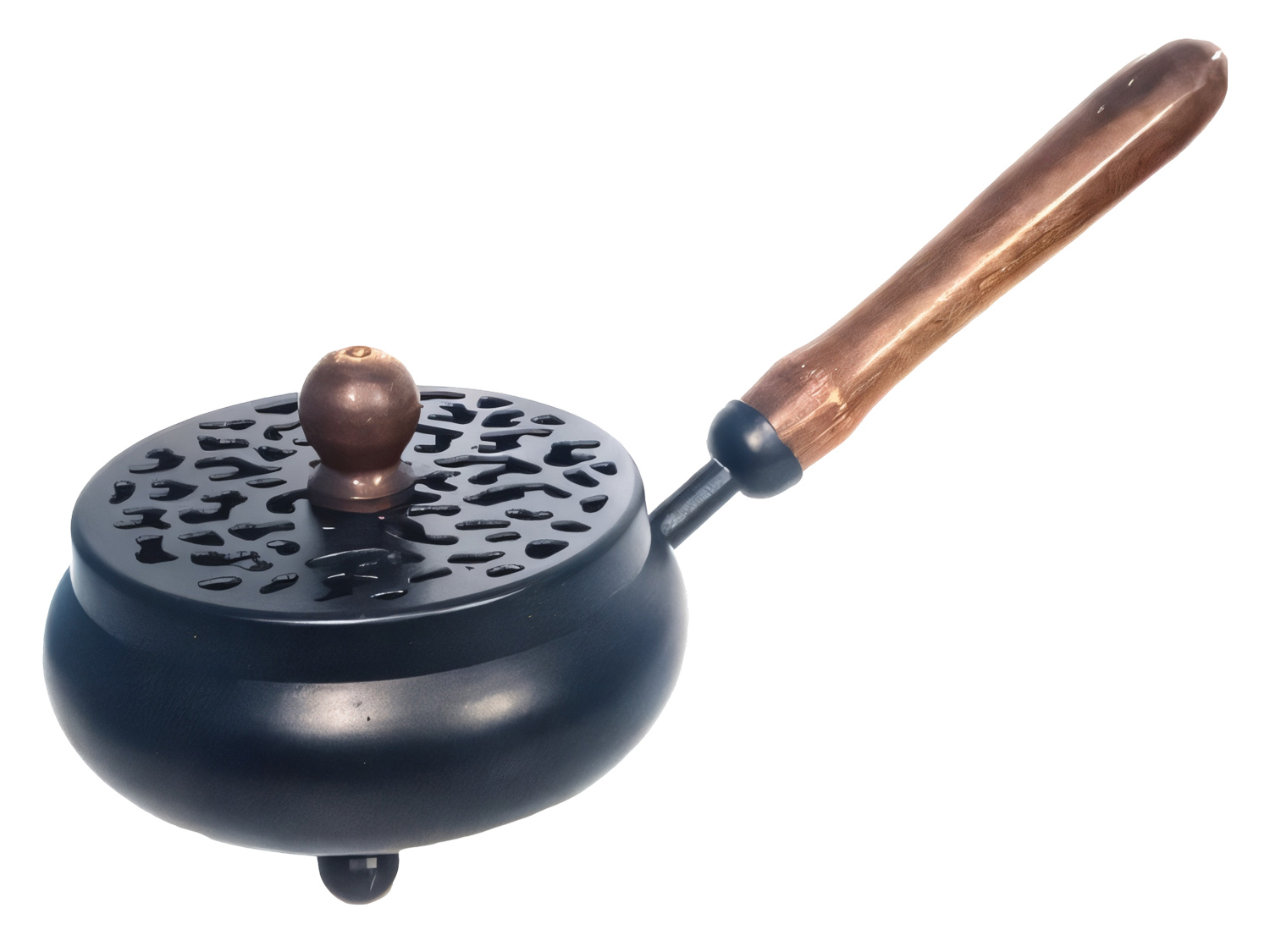 Black iron incense burner with wooden handle