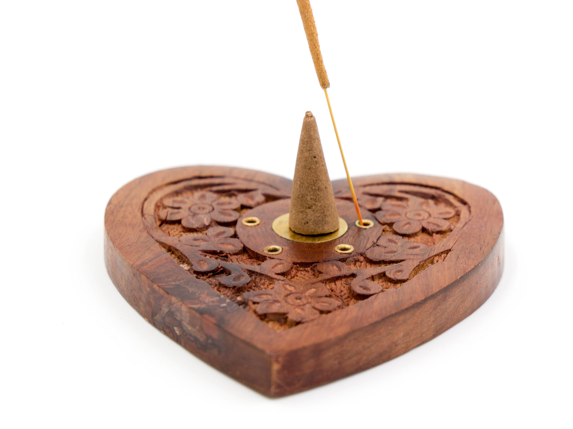 Incense cone holder heart made of sheesham wood with brass Ying & Yang Incense cone holder heart made of sheesham wood with brass Ying & Yang