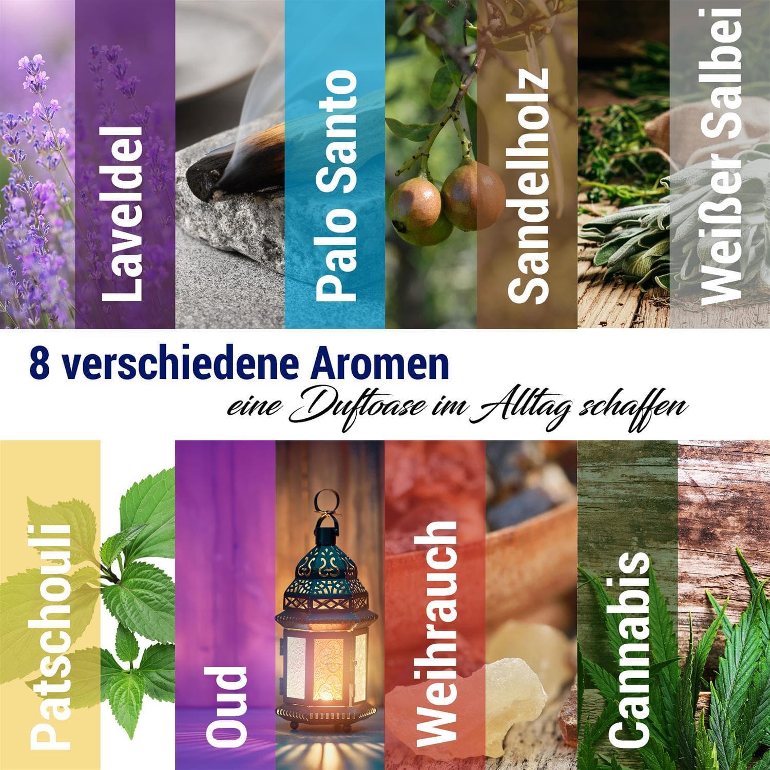 Backflow incense cone set with 8 natural fragrances from India Incense cone set, 8 scents